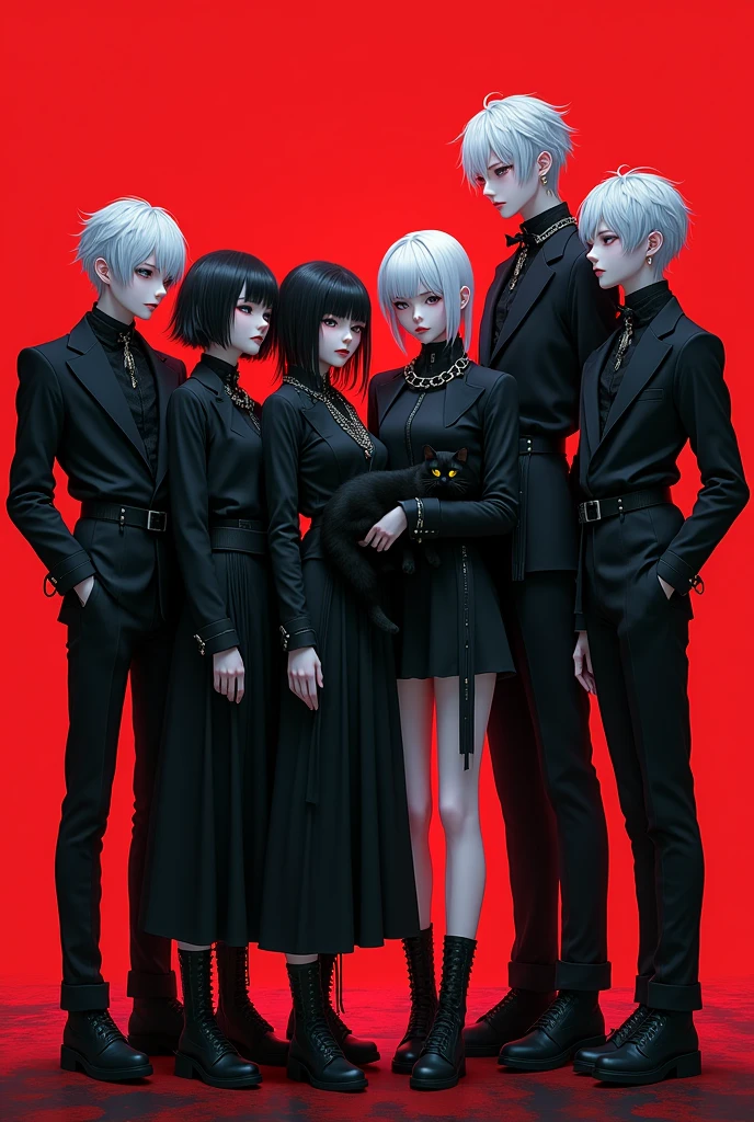 5 Japanese men and women aged 18 and 15 wearing all black gothic clothes with chain accessories and the women posing hugging, All four have different hair styles and white hair colors, red background, full body, 2 men are beside the women and one woman is holding a black cat, total 10 people