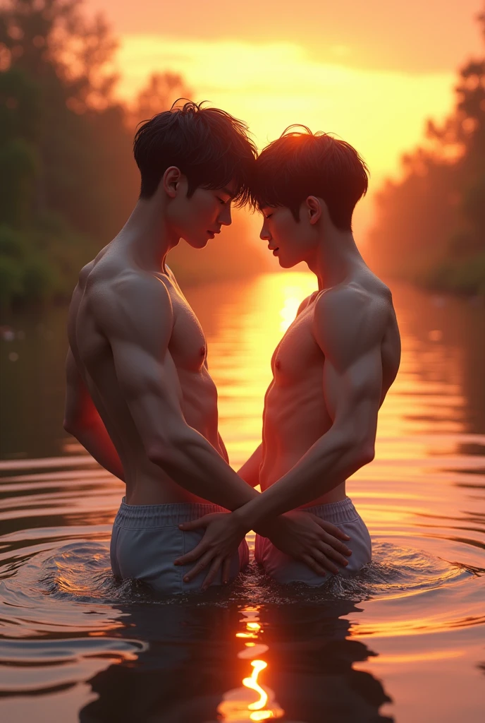 Two slim attractive Asian male agers touching each other's butts while in the river at sunset time