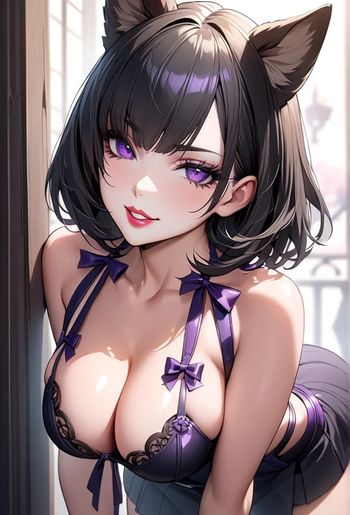 1girl, (masterpiece), best quality, cute outfit, bows and ribbons, (SHARP details), 4k, highly detailed, expressive eyes, SHARP detail expressive eyes, (SHARP detail perfect face), (dog ears), dog girl), black hair,(shiny lipstick) (purple eyes), medium length hair, detailed face, medium breasts, long eyelashes, mature, (smirk, closed lips, big plump lips, eyeshadow) shiny skin, beautiful eyes,(detailed eyes, sharp eyes, clear pupils:0.8), wispy bangs, naughty look, butt, thighs, cleavage