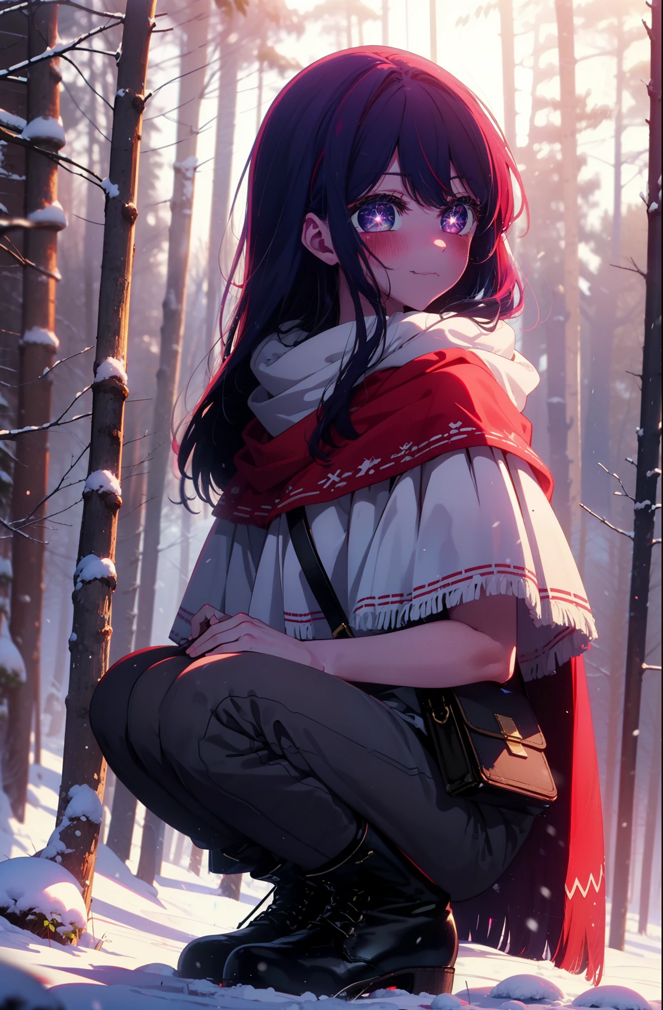 aihoshino, Ai Hoshino, Long Hair, bangs, (Purple eyes:1.1), Purple Hair, (Symbol-shaped pupil:1.5), smile,,smile,blush,white breath,
Open your mouth,snow,Ground bonfire, Outdoor, boots, snowing, From the side, wood, suitcase, Cape, Blurred, , forest, White handbag, nature,  Squat, Mouth closed, Cape, winter, Written boundary depth, Black shoes, red Cape break looking at viewer, Upper Body, whole body, break Outdoor, forest, nature, break (masterpiece:1.2), Highest quality, High resolution, unity 8k wallpaper, (shape:0.8), (Beautiful and beautiful eyes:1.6), Highly detailed face, Perfect lighting, Highly detailed CG, (Perfect hands, Perfect Anatomy),