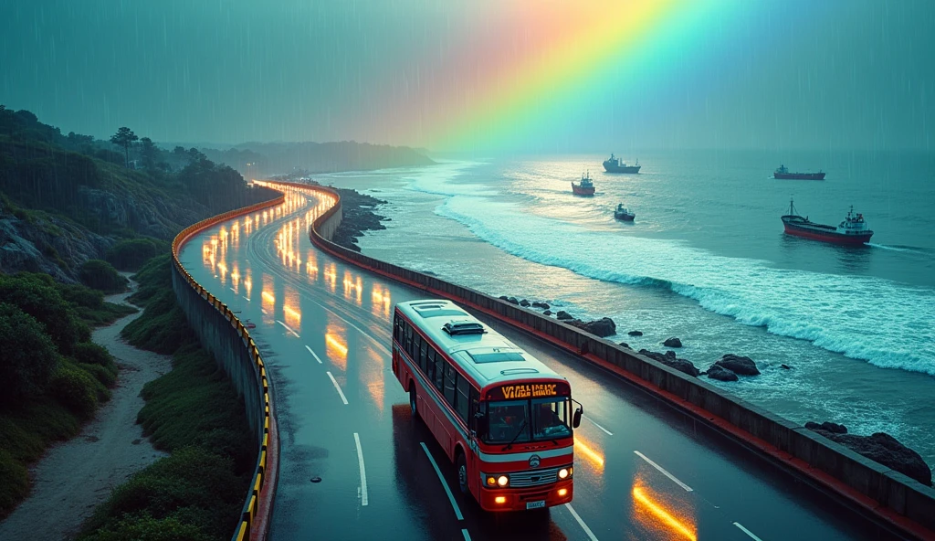 YOUTUBE THUMBNAIL FOR VIZAG BEACH ROAD. COOL  RADIANT and vibrant rainbow colour, ships in the beach colours COLOURS, It is raining, WRITE CAPTION ON THE GENERATED IMAGE . Bus on the beach road,  U shape curve. Write Tittle ( VIZAG BEACH ROAD) with colourful text