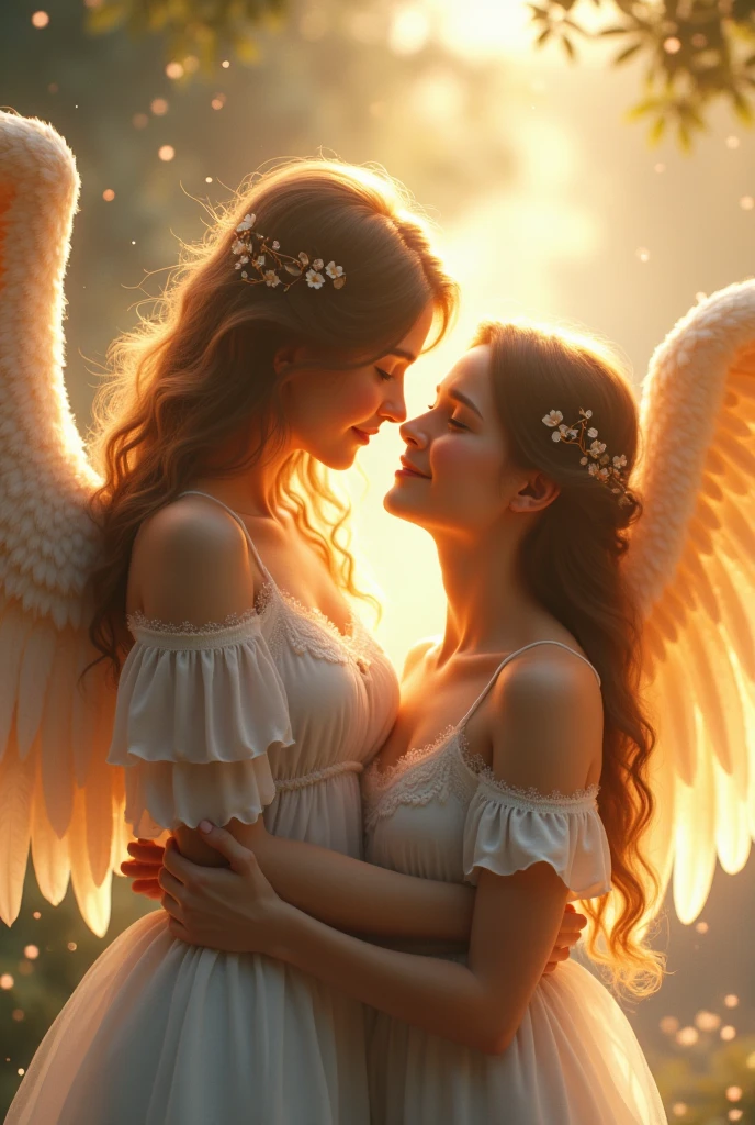 A photo of two best friends (girls). One is dead and is an angel, other one is looked after by her. Angel friend has wings while other friend is still a human being. Cute pose