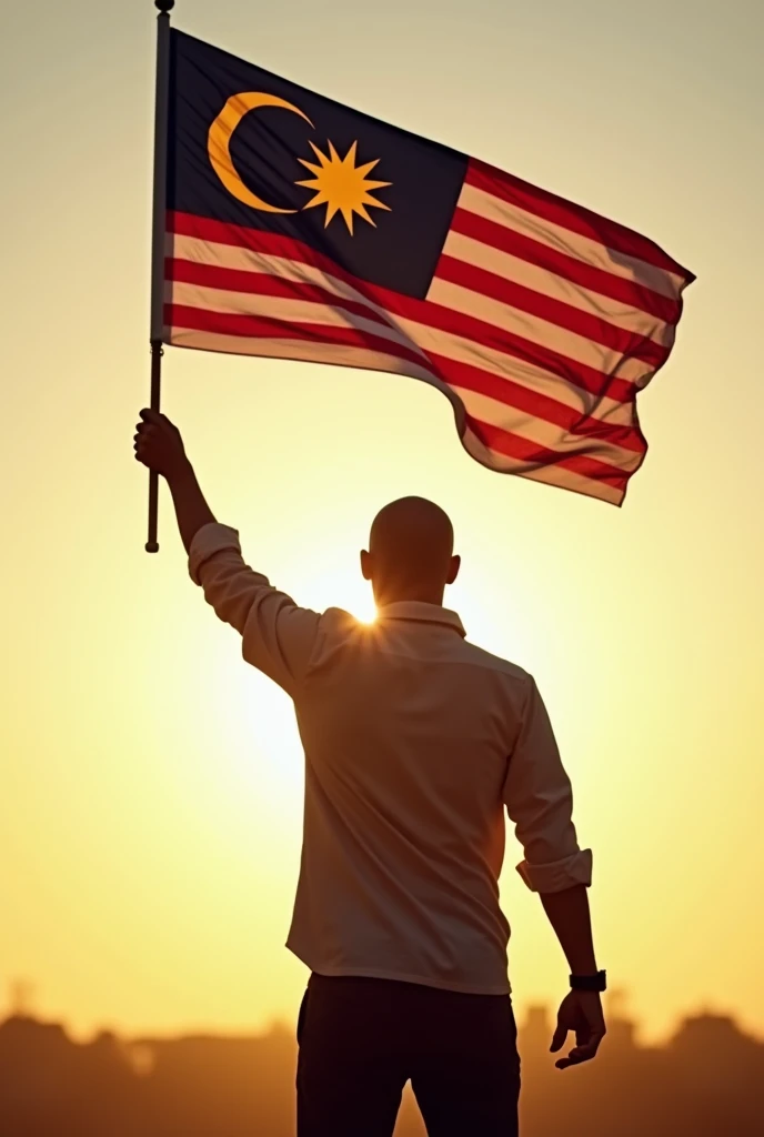 Baldman waving malaysian flag silouette