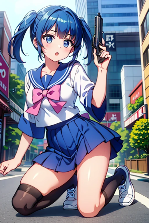 Highest quality、Ultra HD、One Woman、(Blue hair twintails 1.3)、(Sailor suit 1.3)、(Pink Ribbon)、(White sneakers 1.1)、((With a gun in each hand.5))、(Japanese Idol Faces 1.2)、(White over-the-knee socks 1.2)、Small breasts、(Daytime city background 1.2)、((Clear and beautiful touch))、(2 Asian female)