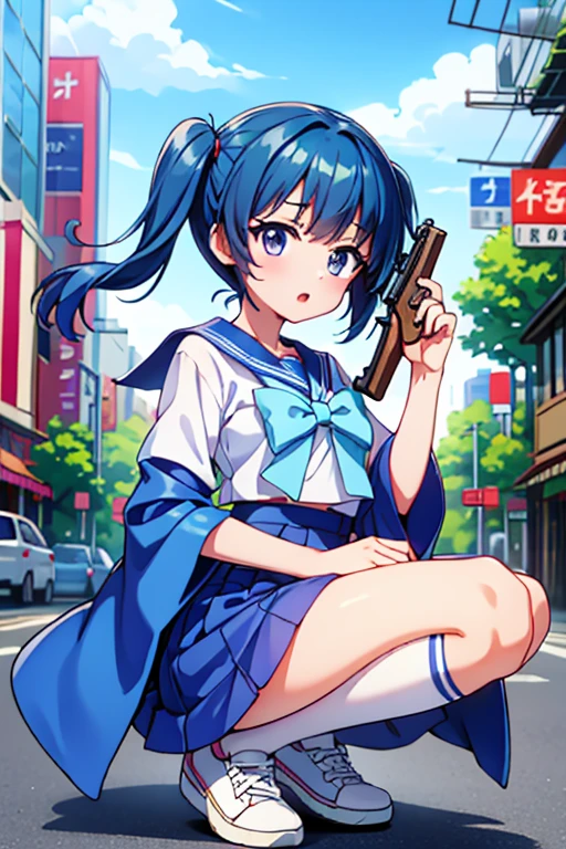 Highest quality、Ultra HD、One Woman、(Blue hair twintails 1.3)、(Sailor suit 1.3)、(Pink Ribbon)、(White sneakers 1.1)、((With a gun in each hand.5))、(Japanese Idol Faces 1.2)、(White over-the-knee socks 1.2)、Small breasts、(Daytime city background 1.2)、((Clear and beautiful touch))、(2 Asian female)