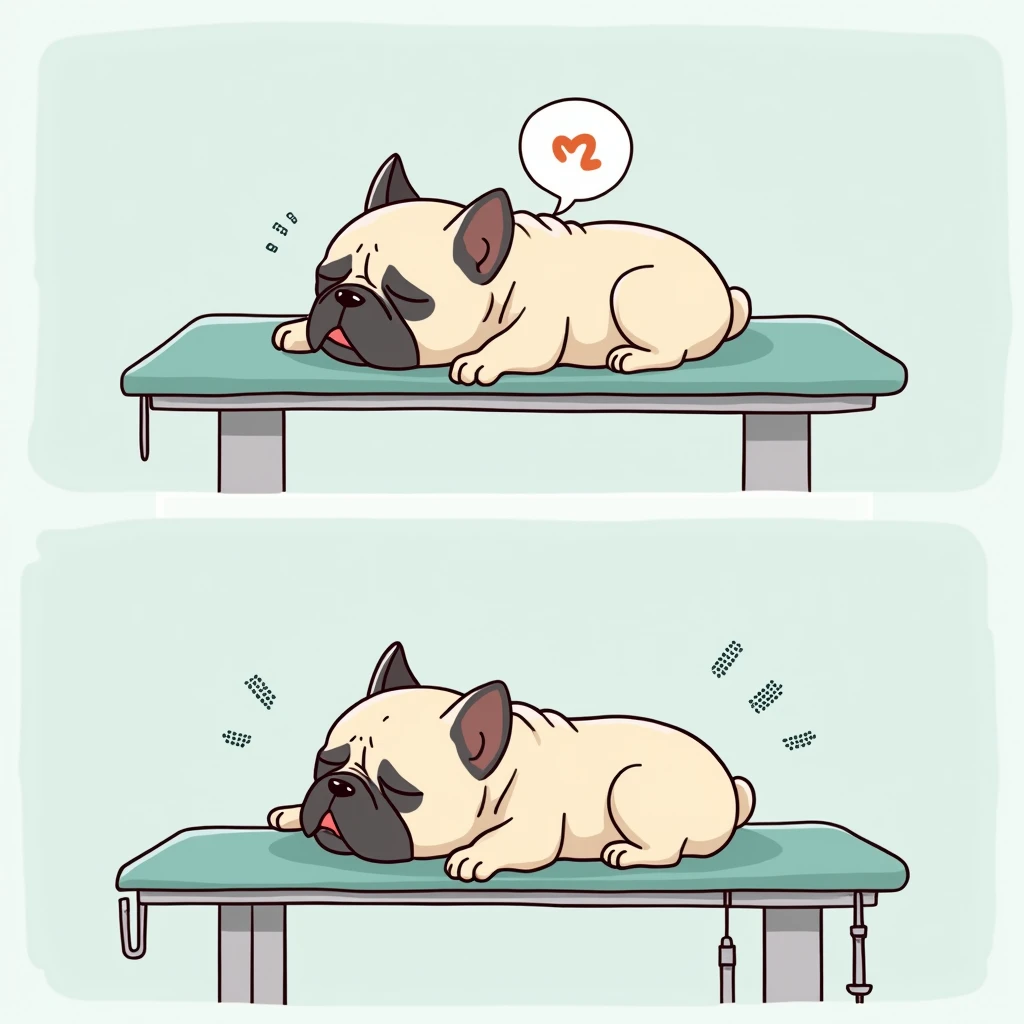 Chibi Style, 2-panel cartoon, dot halftone, Flat Color, French bulldog sleeping under anesthesia,Sleeping in the operating room,Calm expression