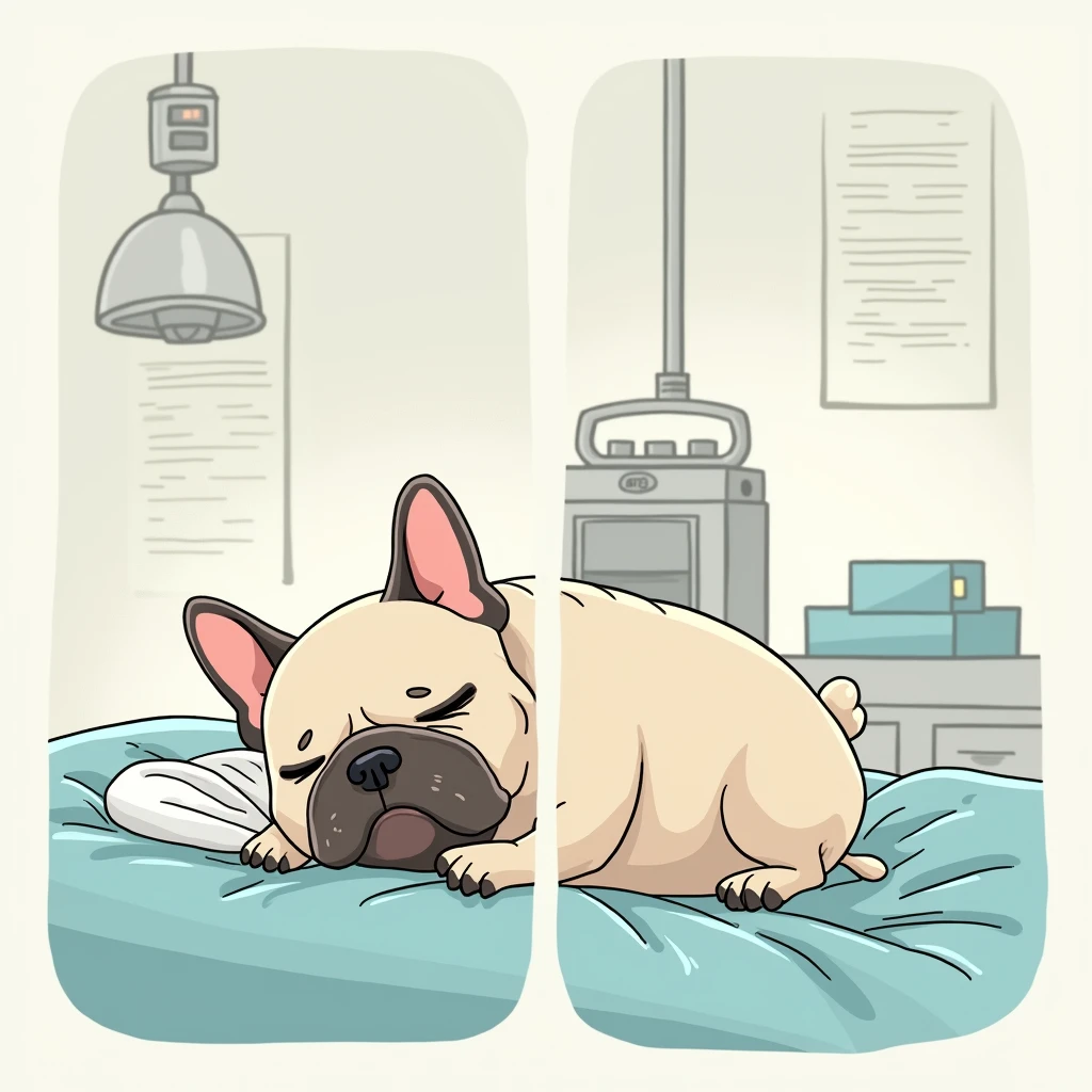 Chibi Style, 2-panel cartoon, dot halftone, Flat Color, French bulldog sleeping under anesthesia,Sleeping in the operating room,Calm expression