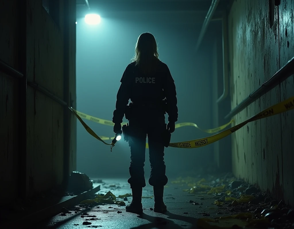 a gritty crime scene investigation, 1girl police officer in uniform, focused intense expression, tactical gear and equipment, shining flashlight, caution tape, debris and clues on the ground, dark moody lighting, cinematic camera angle, dramatic shadows, photoreal, ultra-detailed, 8k, masterpiece