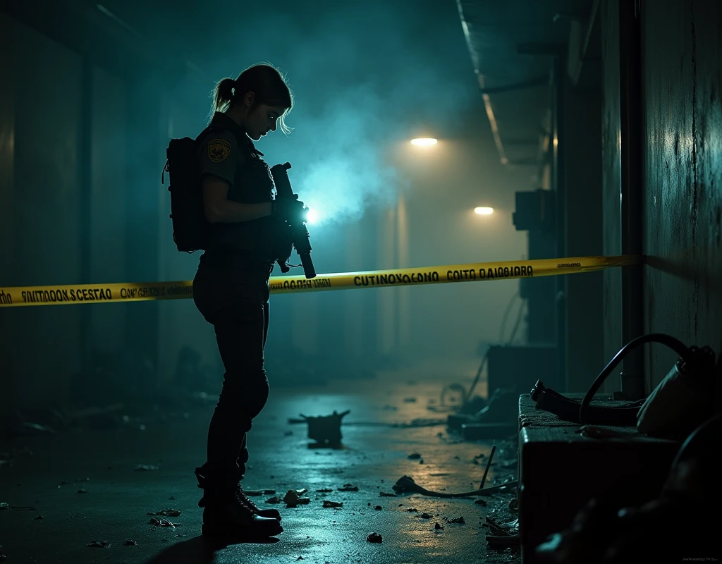 a gritty crime scene investigation, 1girl police officer in uniform, focused intense expression, tactical gear and equipment, shining flashlight, caution tape, debris and clues on the ground, dark moody lighting, cinematic camera angle, dramatic shadows, photoreal, ultra-detailed, 8k, masterpiece