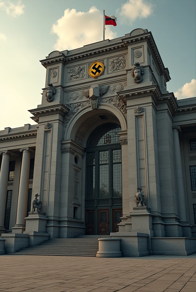 New Reich Chancellery, 1939 berlin germany, front view imponente, with the German Army Cross Bundeswehr and Wehrmacht Korps in gold relief, realist, Shocking, front view