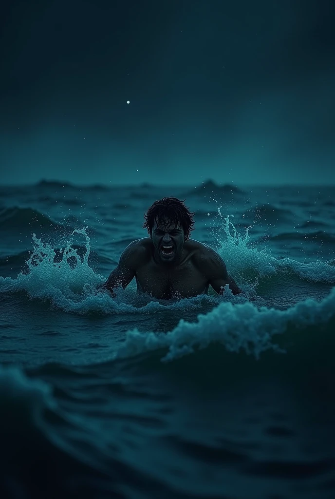 A person in the middle of de ocean at night panicking