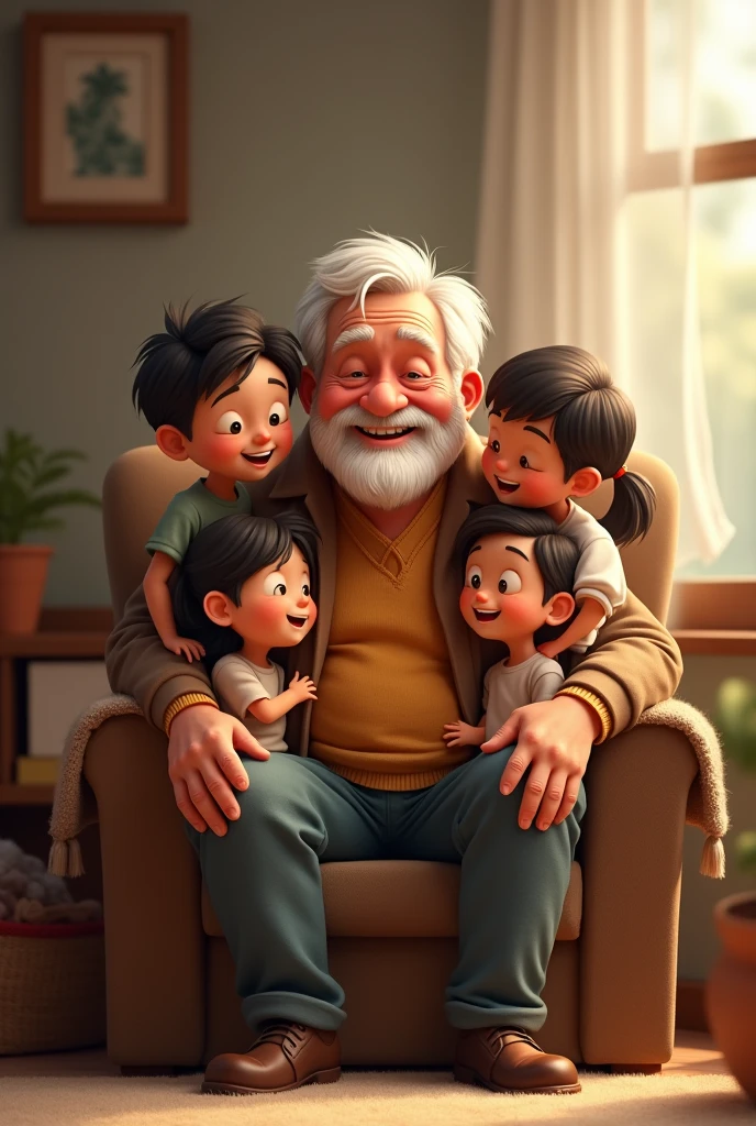 A grandpaa with 3 children 2 boy and 1 girl
