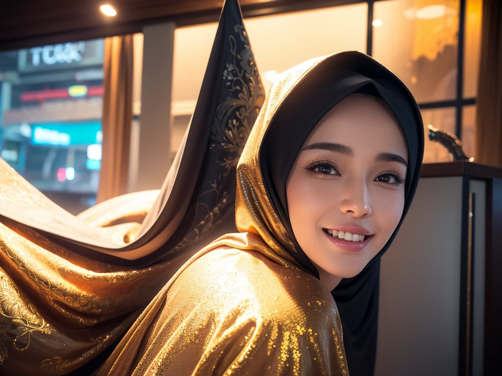 1girl, gorgeous Indonesian woman, silk abaya, hijab, smiling, shy, opened mouth, visible teeth, hot mom, full body portrait, (best quality,4k,8k,highres,masterpiece:1.2),ultra-detailed,(realistic,photorealistic,photo-realistic:1.37),HDR,UHD,studio lighting,ultra-fine painting,sharp focus,physically-based rendering,extreme detail description,professional,vivid colors,bokeh,portraits,warm color tones,dramatic lighting