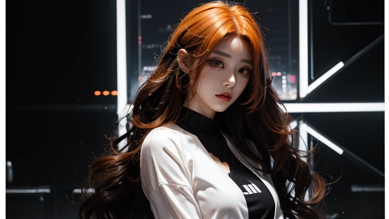 k-popアイドル、She has a single point of makeup on her face.、Black and white themed clothing、Cyberpunk feel、Beauty、The whole body is reflected、Orange Hair、Long Curly Hair、The clothes are glowing
