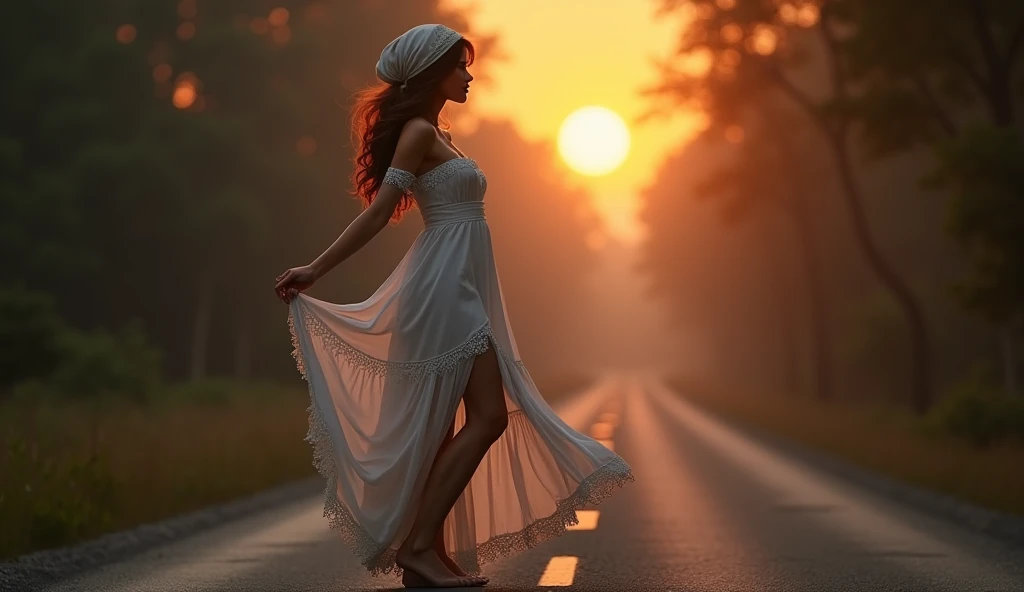(Photorealism:1.2), Beautiful woman, Brown hairstyle, on the road, elegant dress with a white scarf on her head, White peasant style, Dark and gloomy atmosphere, Pose sideways, facing the ground, dress, Realist, Intricate details, Warm color environment, Lifting up her dress and showing her beautiful legs, Very bright sun in the background, Sensual pose, pose like a top model,