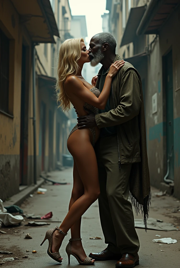 a rich beautiful blonde woman, wearing sexy clothes and high-heeled sandals, standing full-length, kissing an old homeless black man, wearing dirty clothes, in a dirty alley
