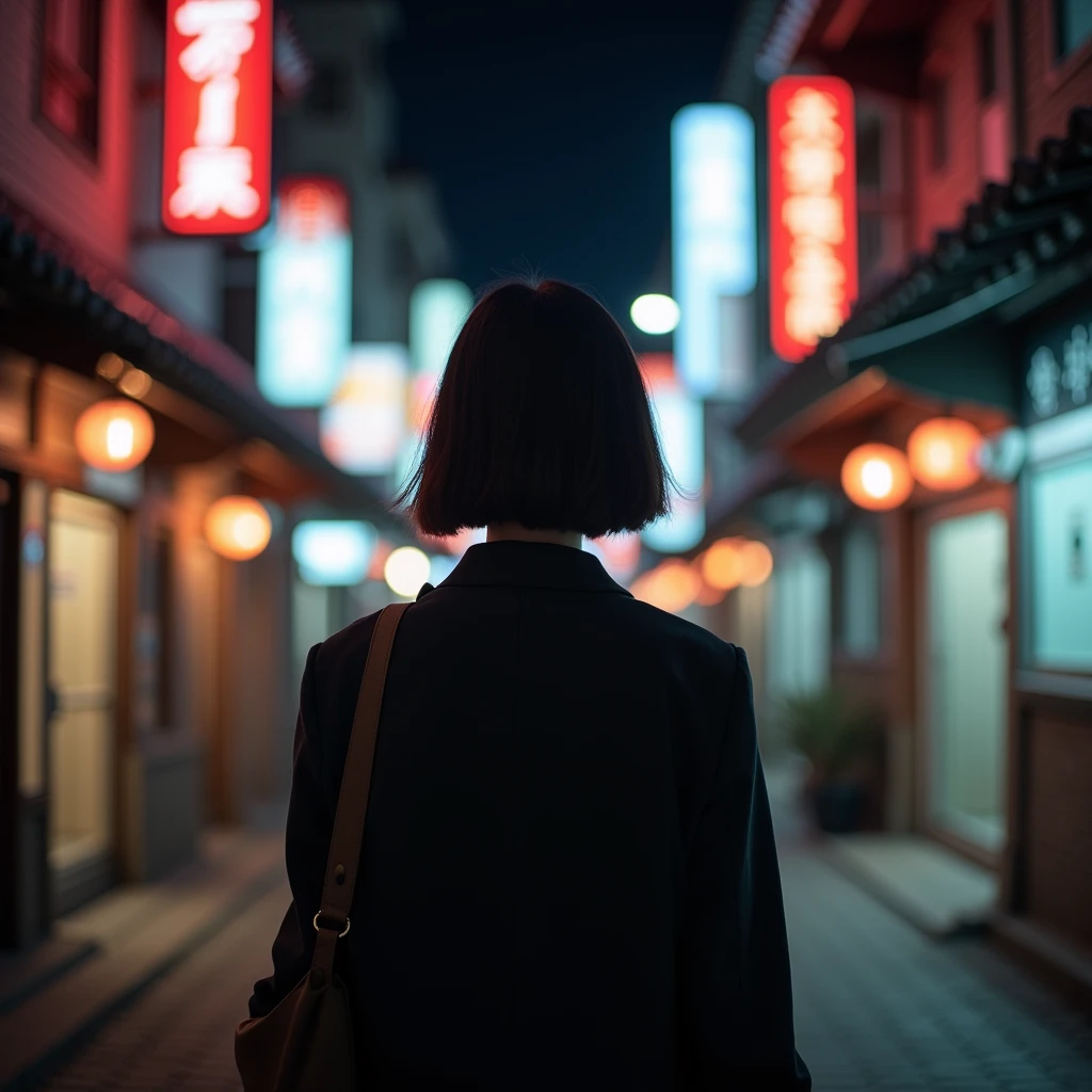 "Photo taken from behind of a young Korean woman with short bobbed hair, dressed elegantly, seen from the back on a Korean street at night, evoking a sense of travel."