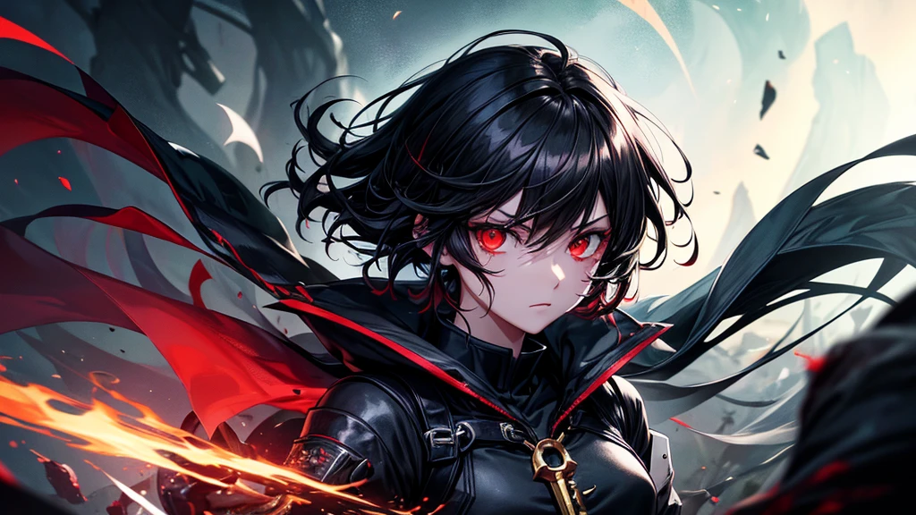 1 tomboy girl, handsome, black dragon horn on her head, dragon horn, abyss, monster, short black hair, eye cover with hair, (masterpiece:1.2、highest quality), (shinning red eyes: 1.2), (Detailed Background、Dark fantasy), (cute detailed face), High Contrast, (Best lighting、Very delicate and cool), ((Cinema Lighting) )), black coat, dirty dress, blood splatter, colorful, Hyper Detail, Dramatic Light, Intricate details, serious face, moon behind (20 years old, 1 girl, solo, black short hair, messy hair, pony in left ,Sharp Face, red eyeball, pony hair between the eyes, Dynamic), (Blood splatter:1.4), Black light swirling around the character, Depth of written boundary, green light particles, Nightcore, black magician, Spectacular anime style, zerochan art, Anime Wallpaper, Burning, High quality anime art style, Key Anime Art