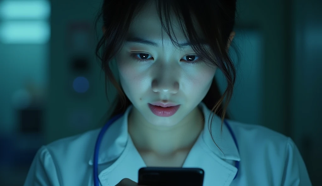 Create an image of an Asian female nurse addicted to online gambling,using phone