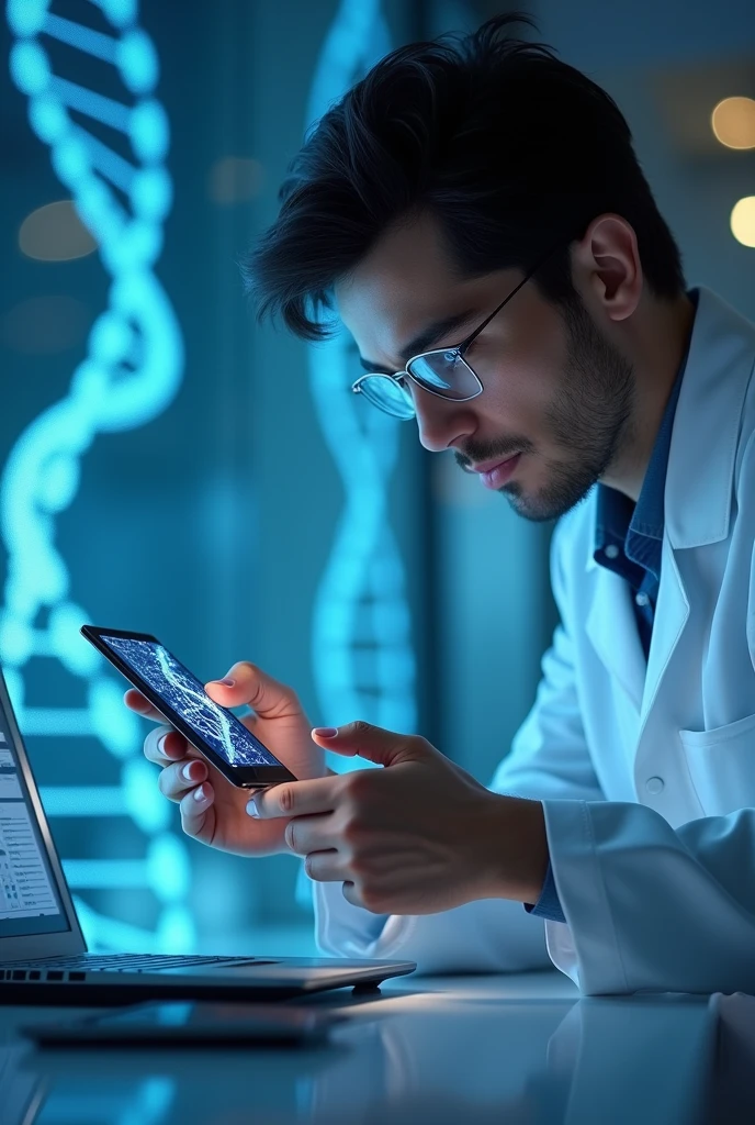 Doctor wearing white coat Working on checking Long Pen drive On Which DNA Image is printed and also with background with dna image