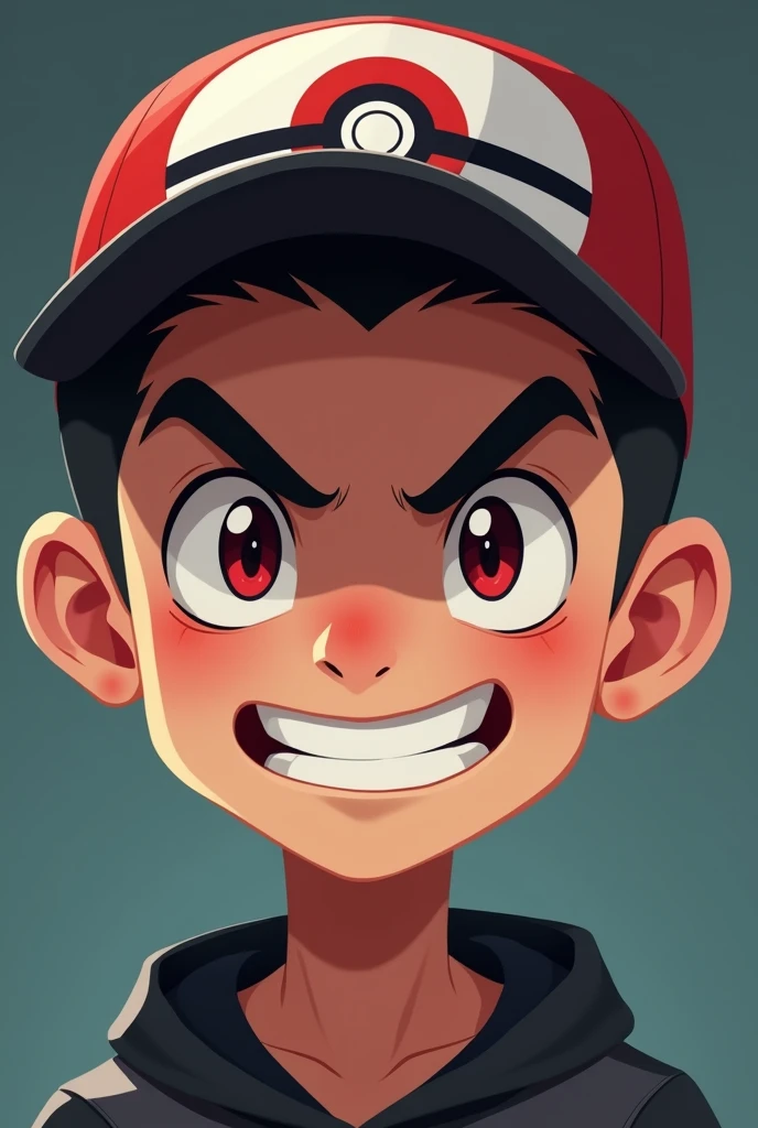 grown-up, Caucasian skin, Bblack hair, Scrawny, shaven hair, YouTube profile, with pokeball pokemon cap, 2d, Only from the neck up, evil grin