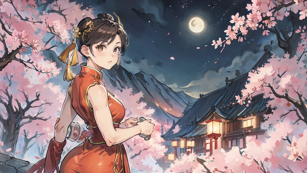 Street Fighter Chun-Li　anime　Cherry Blossoms at Night　Looking Back　moon　China dress　human　1 person 　Person big