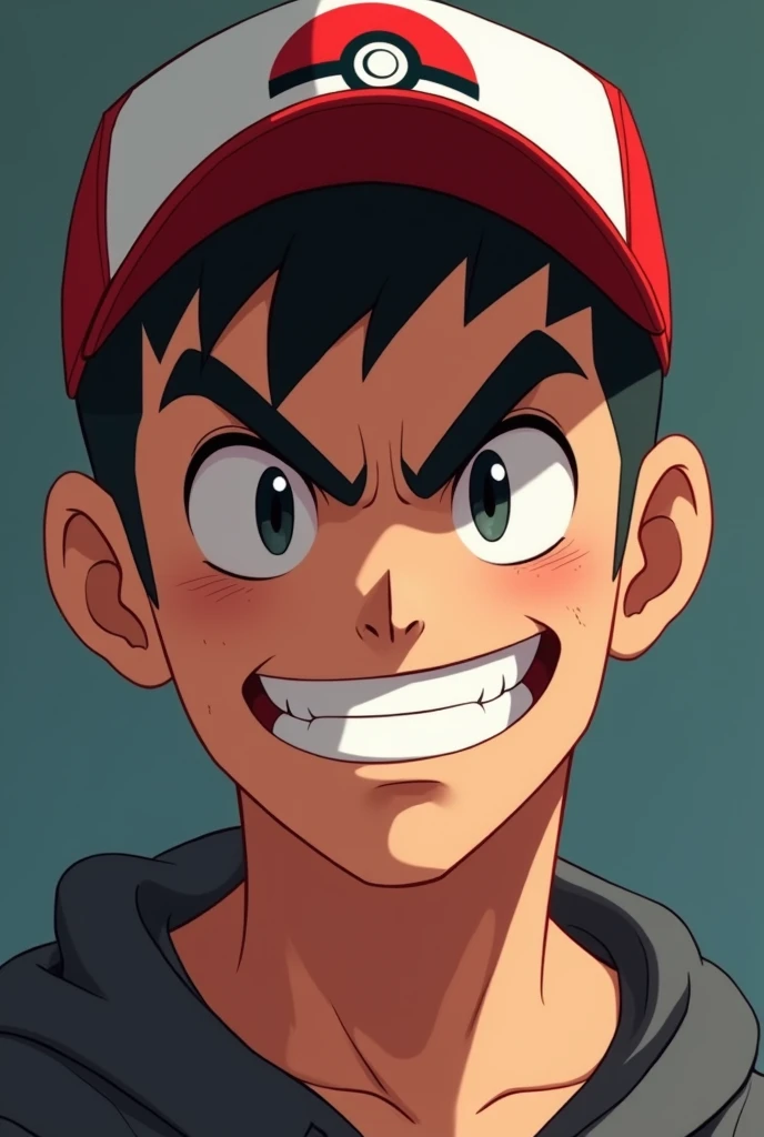 grown-up, Caucasian skin, Bblack hair, Scrawny, shaven hair, YouTube profile, with pokeball pokemon cap, 2d, Only from the neck up, evil grin