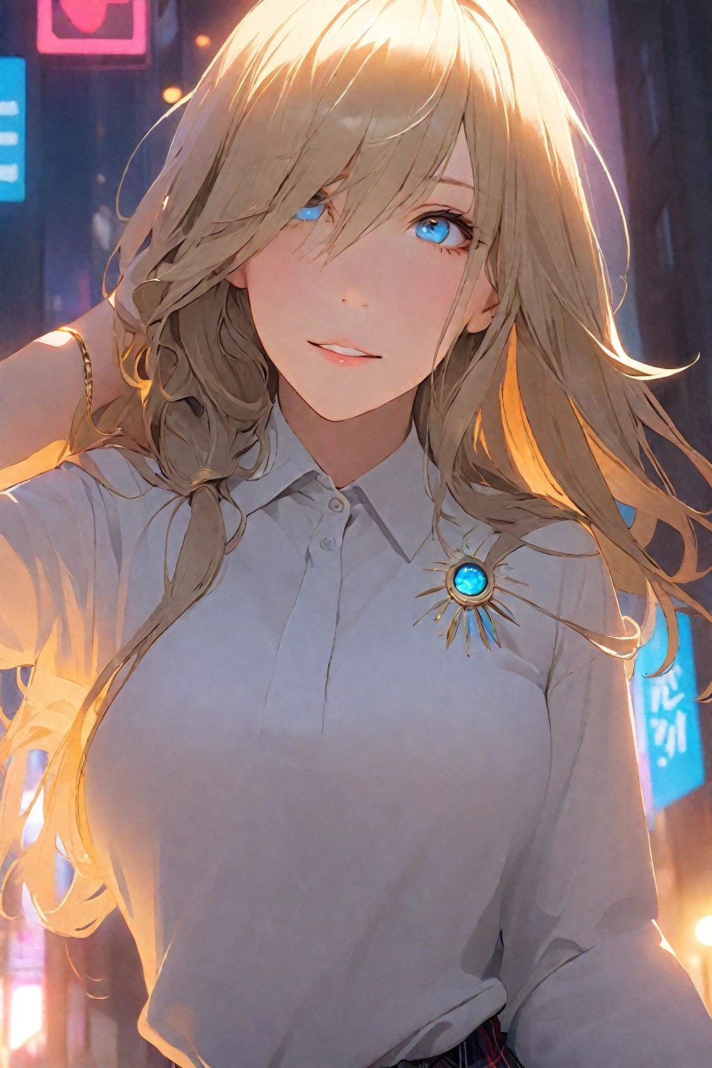  long hair, (blue eyes:1.3), gold hair, hair between eyes, smile,
BREAK skirt, shirt, jewelry, school uniform, pleated skirt, necktie, striped, bracelet, sweater, plaid, plaid skirt, striped necktie, white shirt, collared shirt, (light brown sweater:1.2),
BREAK  downtown,neon light,
BREAK looking at viewer, (cowboy shot:1.5),
BREAK (masterpiece:1.2), best quality, high resolution, unity 8k wallpaper, (illustration:0.8), (beautiful detailed eyes:1.6), extremely detailed face, perfect lighting, extremely detailed CG, (perfect hands, perfect anatomy),