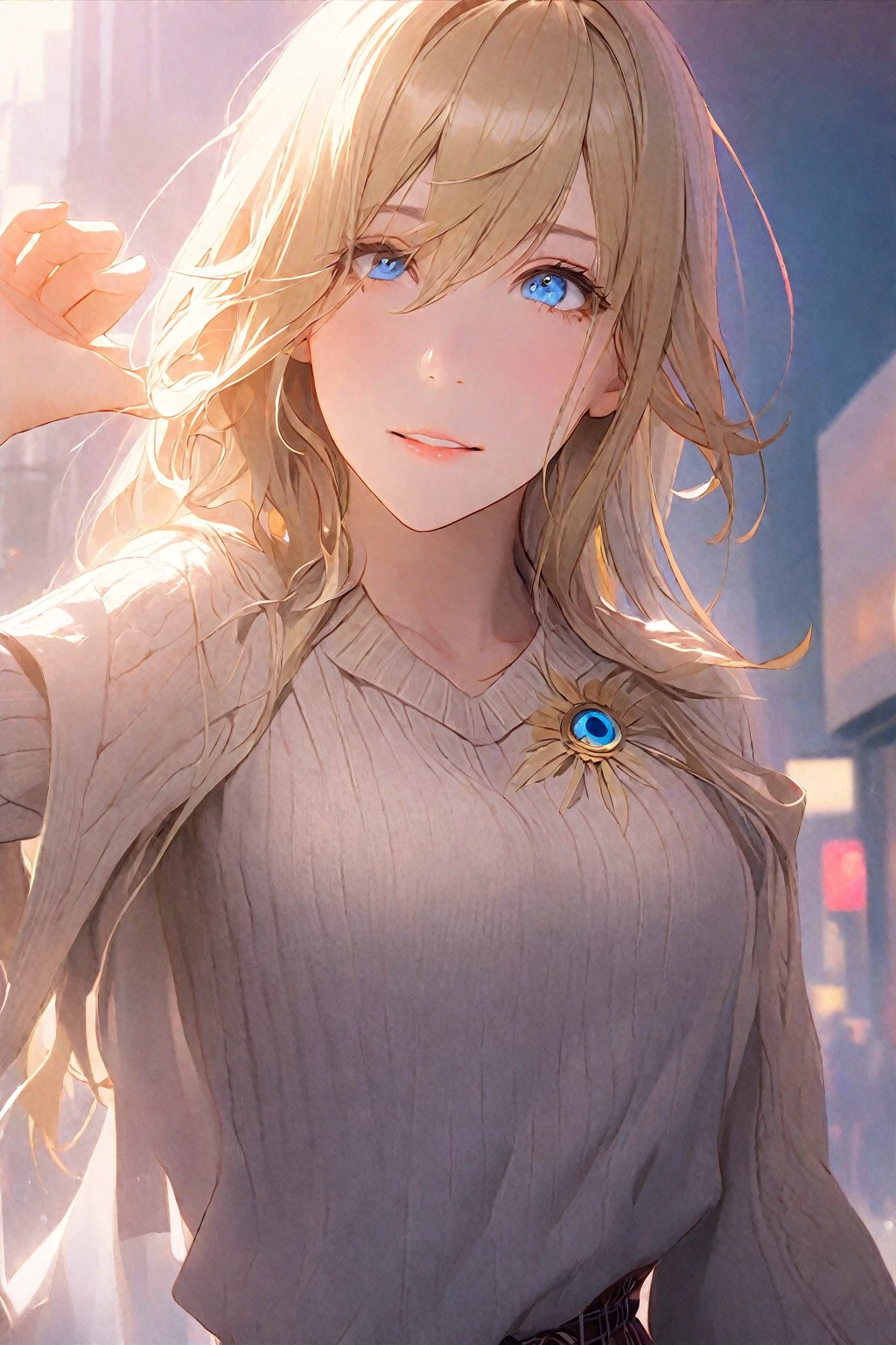  long hair, (blue eyes:1.3), gold hair, hair between eyes, smile,
BREAK skirt, shirt, jewelry, school uniform, pleated skirt, necktie, striped, bracelet, sweater, plaid, plaid skirt, striped necktie, white shirt, collared shirt, (light brown sweater:1.2),
BREAK  downtown,neon light,
BREAK looking at viewer, (cowboy shot:1.5),
BREAK (masterpiece:1.2), best quality, high resolution, unity 8k wallpaper, (illustration:0.8), (beautiful detailed eyes:1.6), extremely detailed face, perfect lighting, extremely detailed CG, (perfect hands, perfect anatomy),