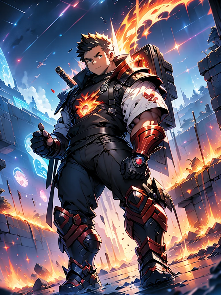 muscular male kawaii moe anime face, metalic armored slayer fireball magic lava world