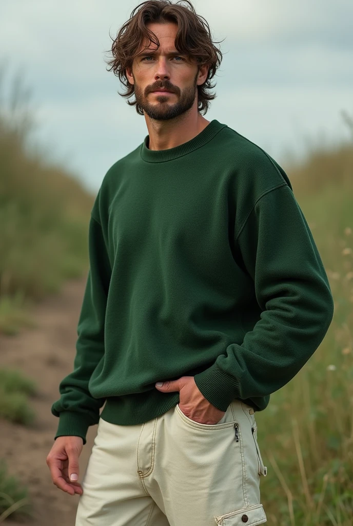 Man with brown hair with fair skin with green eyes tall and disheveled hair wearing white baggy pants and a green sweater 