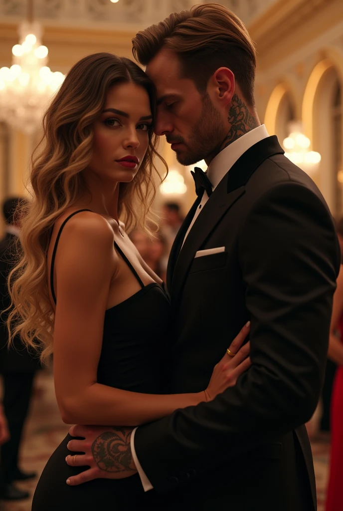 Make a couple in formal clothes at a fancy party, about to kiss. He with a confident air, staring at her with a cold gaze and serious expression, but keeping her close as if protecting her. And she with a serious expression but with a passionate look at him..
The woman being a Russian with long dyed blonde hair, thrown back with loose curled waves and with the brown roots showing, wearing a black silk dress, having a single small tattoo on his hand of a spider in a web.
And he's a Frenchman with light brown hair, large at chin height, no beards and with tattoos all over their bodies. Dressed in an all black suit, it is discreetly obvious in the image that both are criminals., SHE is a killer, his weapon being a knife and HE a mobster, his weapon being a small golden firearm.