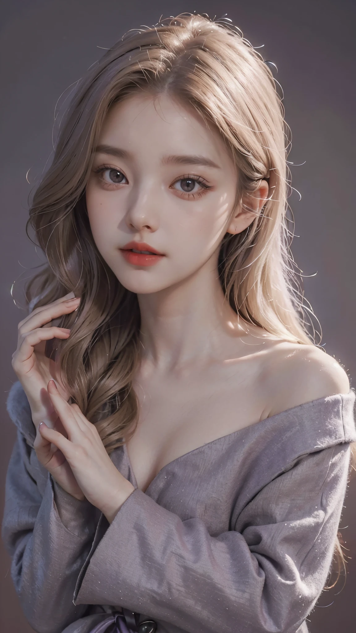 Girl wearing, luxury purple coat, shoulder length hair, wavy hair, glowing skin, star in eye, red lips, grey background, cute poses , upper body, light blonde hair.