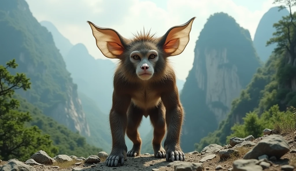 Panoramic front view,There is a wild beast in the mountains of Guilin,Looks like a brown monkey but has white ears,Standing upright like a human(best quality,4K,8k,High level,masterpiece:1.2),Ultra Detailed,(lifelike,Photo real,Photo real:1.37)