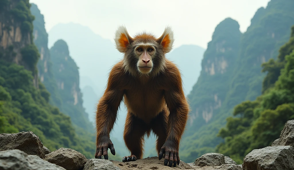 Panoramic front view，There is a wild beast in the mountains of Guilin，Looks like a brown monkey but has white ears，Standing upright like a human（best quality，4K，8k，High level，masterpiece：1.2），Ultra Detailed，（lifelike，Photo real，Photo real：1.37）