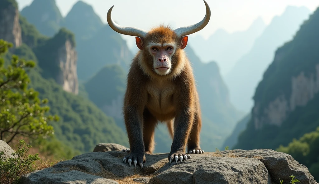 Panoramic front view，There is a wild beast in the mountains of Guilin，Looks like a brown monkey but has white ears，Standing upright like a human（best quality，4K，8k，High level，masterpiece：1.2），Ultra Detailed，（lifelike，Photo real，Photo real：1.37）