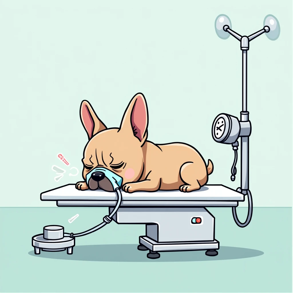 Chibi Style, dot halftone, Flat Color, French bulldog sleeping under anesthesia,Sleeping in the operating room,Calm expression,The ventilator is connected