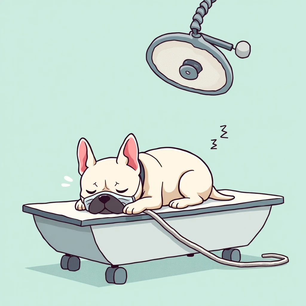 Chibi Style, dot halftone, Flat Color, French bulldog sleeping under anesthesia,Sleeping in the operating room,Calm expression,The ventilator is connected