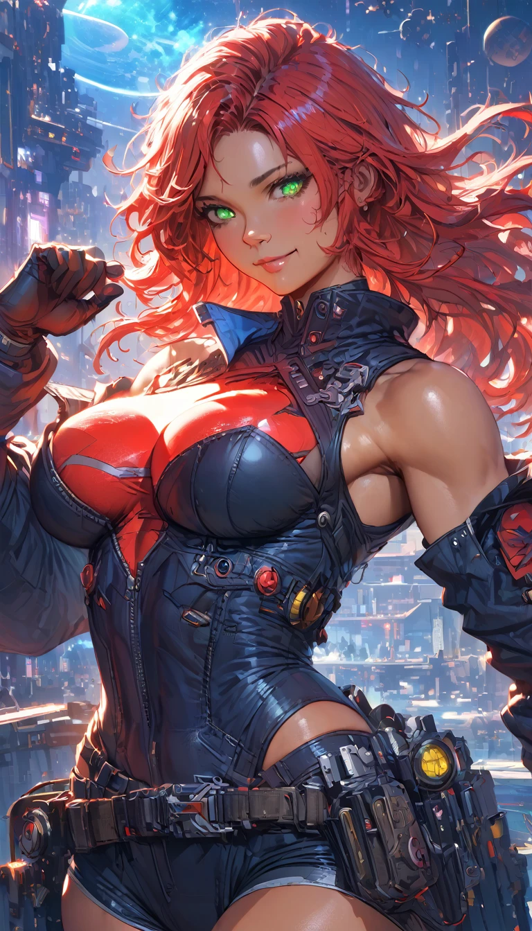 best quality,4k,8k,highres,masterpiece:1.2),ultra-detailed, extremely detailed eyes, extremely detailed body, (large masterpiece digital art), (detailed manga illustration), (detailed line art), ((perfect ???????)), (intricate details:1.3), (ultra-detailed:1.3), (illustration:1.3), (sharp focus:1.3), (natural lighting:1.05), (vivid colors:1.3), (masterpiece), (best quality:1.4), (perfect ???????:1.4), high quality, expressive eyes, full body, detailed face, beautiful face, perfect face, 1 girl, breasts, cleavage, gloves, large breasts, cyberpunk clothes, jacket, black jacket, very long hair, thigh length hair, ({dark skin}), dark-skinned female ,detailed ((red hair)), messy hair, green eyes, hourglass physique, bodysuit, ultramarine bodysuit, sleeveless, shorts, thick thighs, toned, captain marvel emblem, emblem, superhero, dynamic lighting, cinematic lighting, dynamic heroic pose, smiling, outer space background, curvy, Atey Ghailan, Jeremy Mann, Greg Manchess, Antonio Moro, trend in ArtStation, trend in CGSociety, Intricate, High Detail, Sharp focus, dramatic and photorealistic painting art by Midjourney and Greg Rutkowski, Jeff Bridges, ((cartoon style)), Marvel Cinematic Universe style