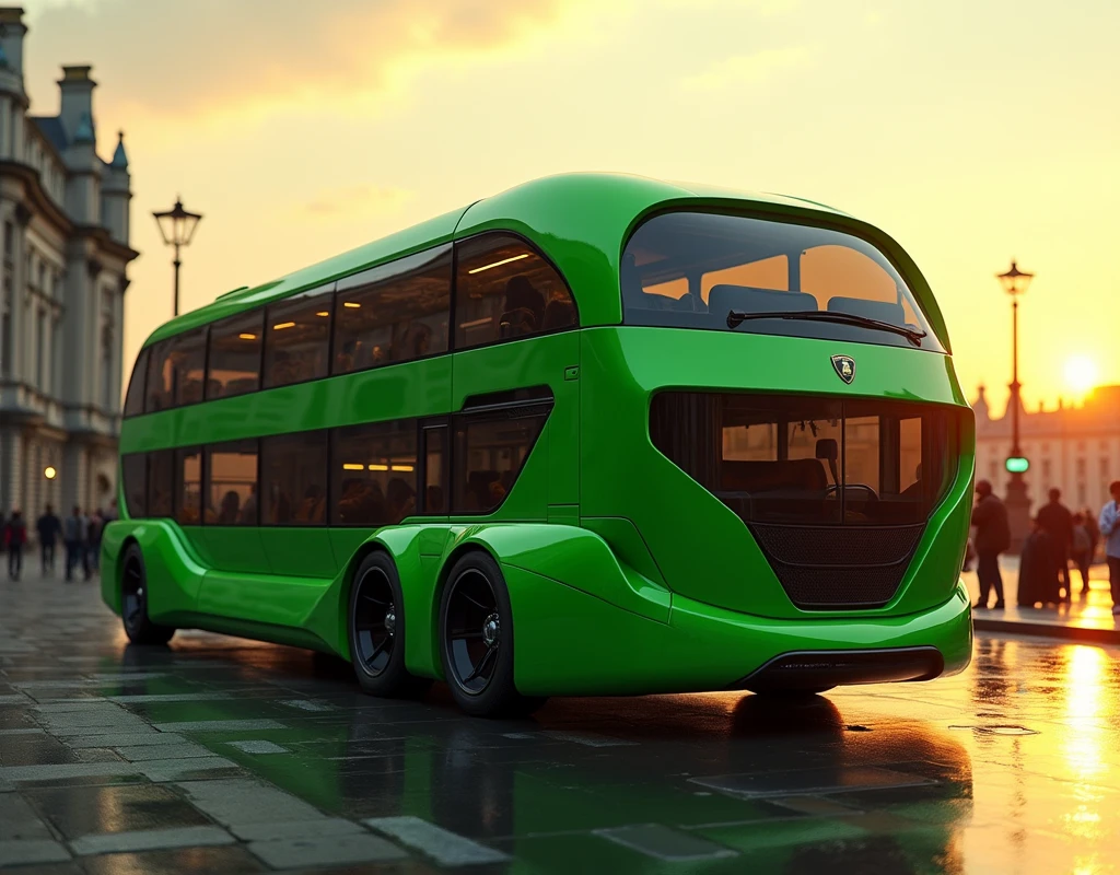 Bus double etage, green, rounded shapes, style lamborghini or ferrari, in a London setting, soleil couchant
