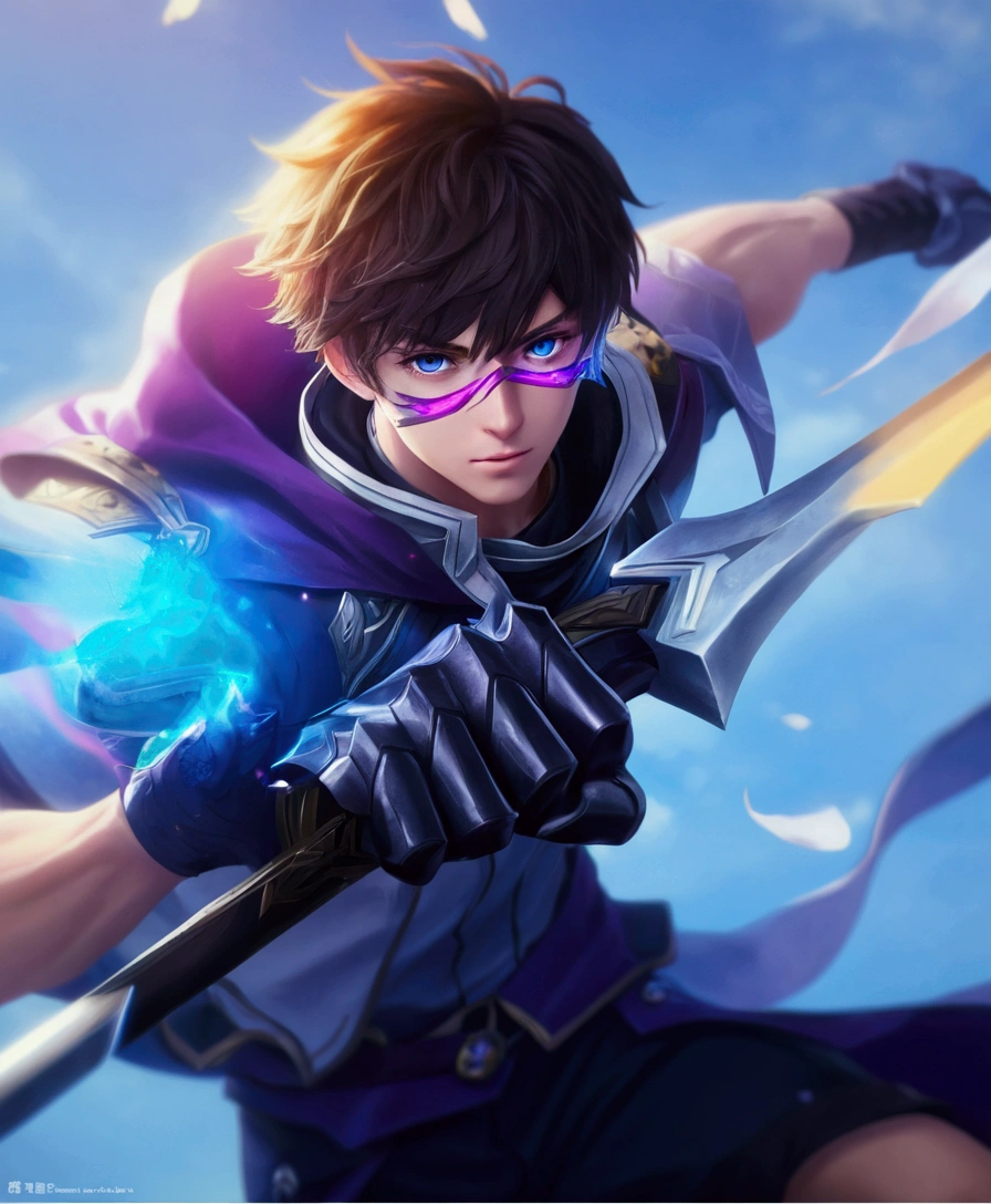 (absurdres, highres, ultra detailed, HDR), masterpiece, best quality, Android Game Character , short hair, handsome boy, anime eyes, Honor of kings Hero, detailed scebe, detailed character