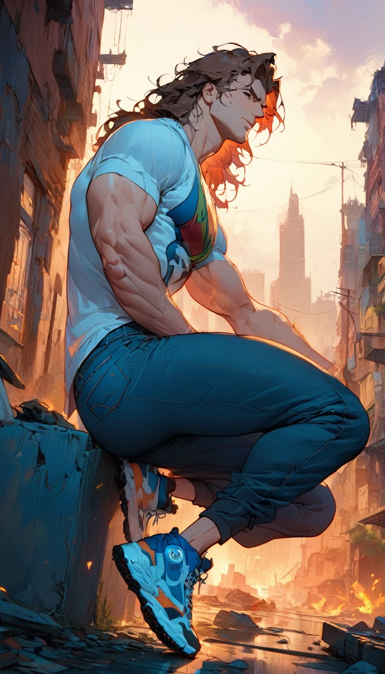 best quality,4k,8k,highres,masterpiece:1.2),ultra-detailed, extremely detailed eyes, extremely detailed body, (large masterpiece digital art), (detailed manga illustration), (detailed line art), ((perfect anatomy)), (intricate details:1.3), (ultra-detailed:1.3), (illustration:1.3), (sharp focus:1.3), (natural lighting:1.05), (vivid colors:1.3), (masterpiece), (best quality:1.4), (perfect anatomy:1.4), high quality, expressive eyes, full body, detailed face, beautiful face, perfect face, (((1boy))), angry, (((male focus))), muscular, detailed messy hair, long hair, brown hair, blue eyes, t-shirt, jean pants, sneakers, cinematic lighting, dramatic atmosphere, Atey Ghailan, Jeremy Mann, Greg Manchess, Antonio Moro, trend in ArtStation, trend in CGSociety, Intricate, High Detail, Sharp focus, dramatic and photorealistic painting art by Midjourney and Greg Rutkowski, Jeff Bridges, ((cartoon style)), Marvel Cinematic Universe style, (((ruined city in the background))),
