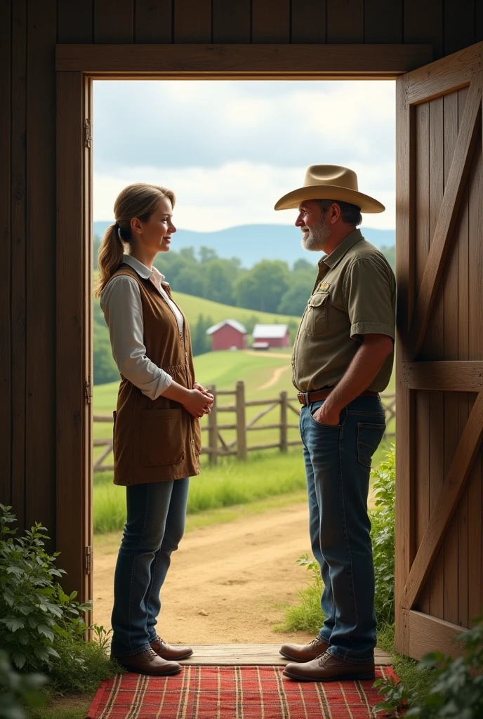 Realistic image of a female counselor advising at the door of a farmer&#39;s house 