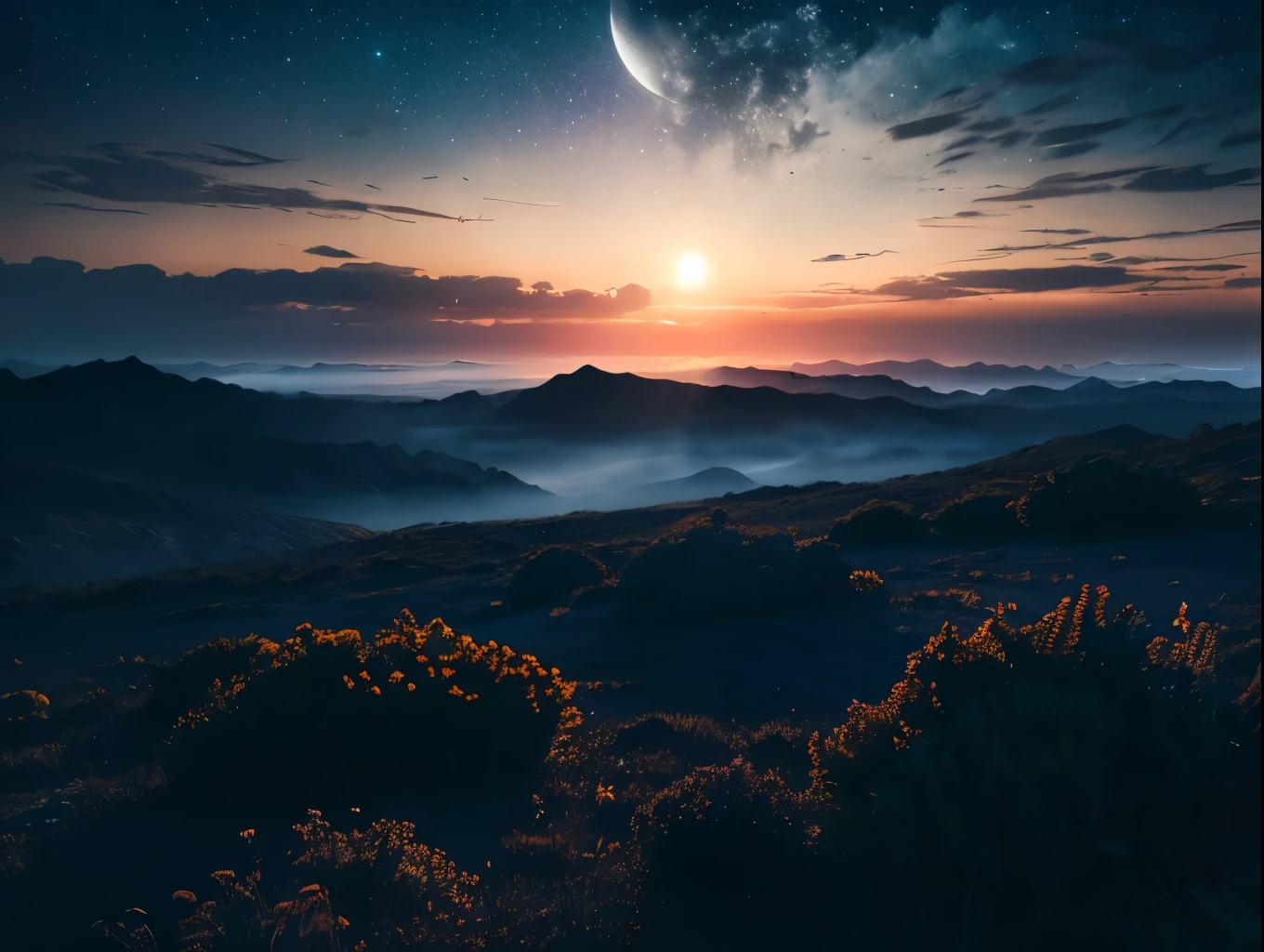 a beautiful full moon in a night sky, detailed moon surface,moonlight shining on a peaceful landscape, detailed clouds, cinematic lighting, vibrant colors, (best quality,4k,8k,highres,masterpiece:1.2),ultra-detailed,(realistic,photorealistic,photo-realistic:1.37),fantasy landscape,dramatic lighting,moody atmosphere,cinematic composition