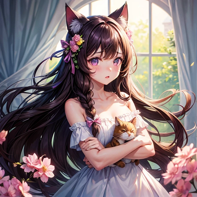 One girl, naked, Animal ears, Purple eyes, Brown Hair, wing, alone, Long Hair, blush, Cat耳, Flowers, View your viewers, Braid, bow, dress, pink Flowers, bow, hair accessory, bangs, Cat, Hair Flower, Animal ears毛, Holding, Virtual YouTuber, Blue ribbon, Holding animal, Catwoman, stuffed toy