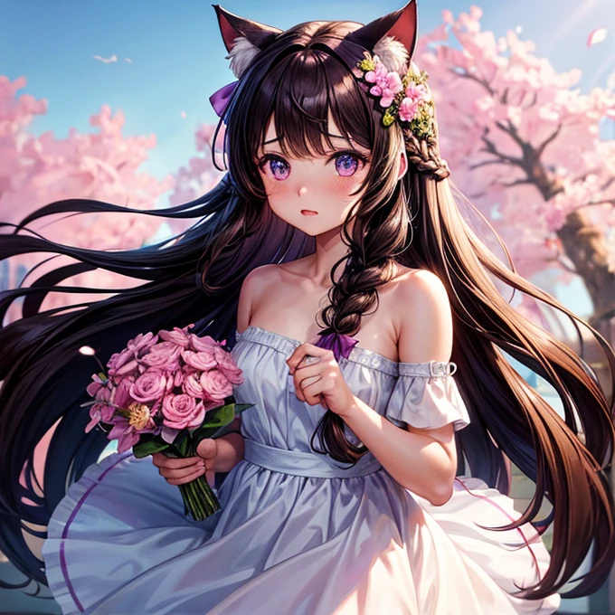 One girl, naked, Animal ears, Purple eyes, Brown Hair, wing, alone, Long Hair, blush, Cat耳, Flowers, View your viewers, Braid, bow, dress, pink Flowers, bow, hair accessory, bangs, Cat, Hair Flower, Animal ears毛, Holding, Virtual YouTuber, Blue ribbon, Holding animal, Catwoman, stuffed toy
