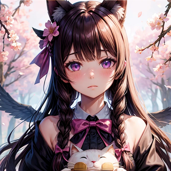 One girl, naked, Animal ears, Purple eyes, Brown Hair, wing, alone, Long Hair, blush, Cat耳, Flowers, View your viewers, Braid, bow, dress, pink Flowers, bow, hair accessory, bangs, Cat, Hair Flower, Animal ears毛, Holding, Virtual YouTuber, Blue ribbon, Holding animal, Catwoman, stuffed toy