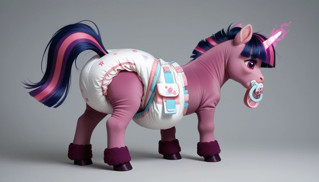 pony, Unicorn, purple wool, dark blue mane with purple streak and pink streak, the tail is dark blue with a purple strand and a pink strand, purple eyes, stands on four hooves, rear hooves spread wide apart, adult filly, dressed in a bodysuit and booties, pacifier in mouth, solo, thick diaper under clothes.