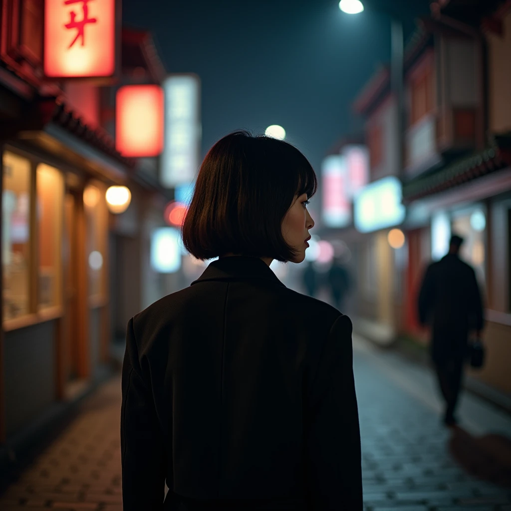 "Photo taken from behind of a young Korean woman with short bobbed hair, dressed elegantly, seen from the back on a Korean street at night, evoking a sense of travel."