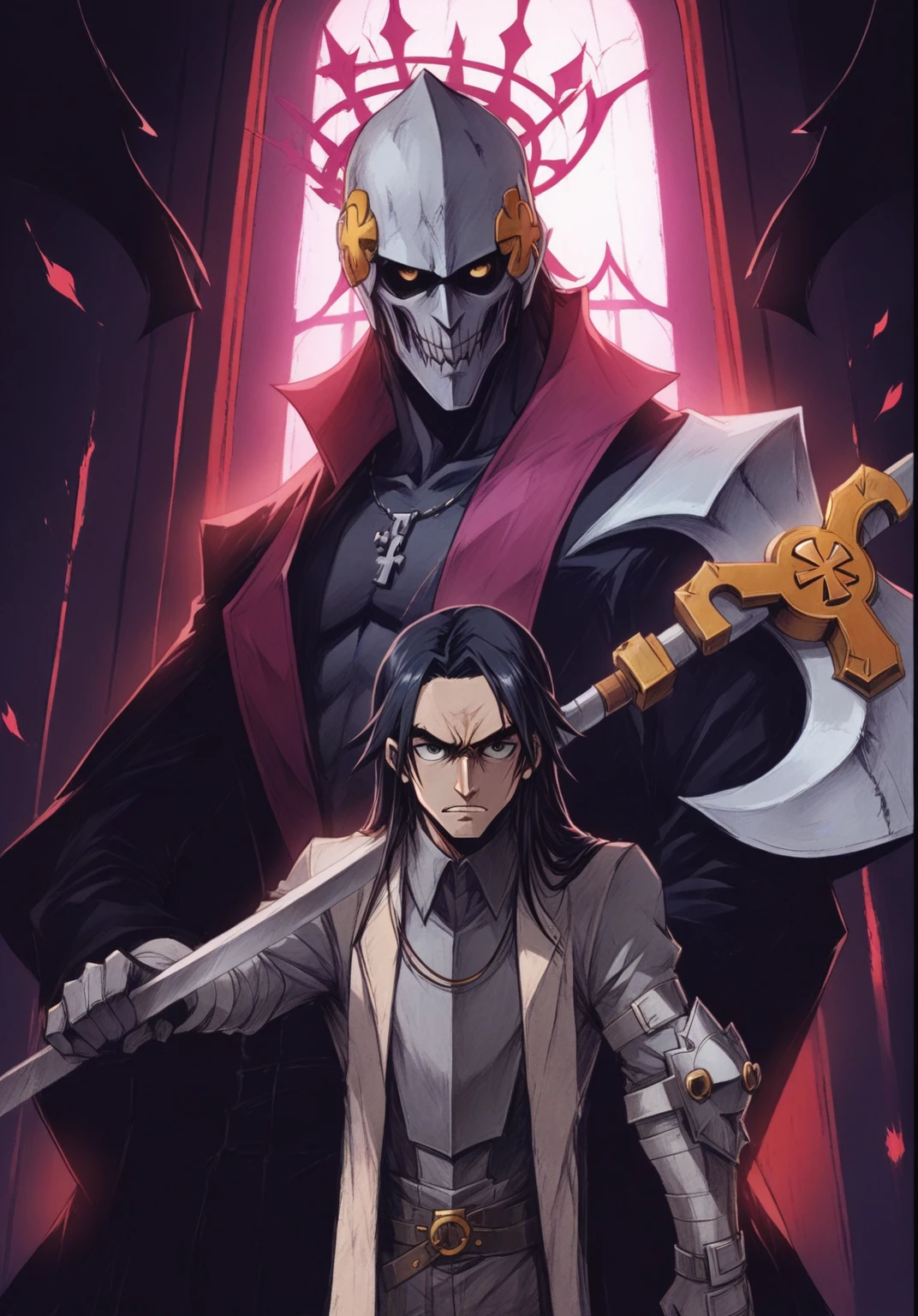 anime character with sword and armor standing in front of stained window, key art, krenz cushart and wenjun lin, style of duelyst, guilty gear art direction, 8 k hd wallpaperjpeg artifact, 8k hd wallpaperjpeg artifact, jazza and rossdraws, high detailed official artwork, from overlord, alucard